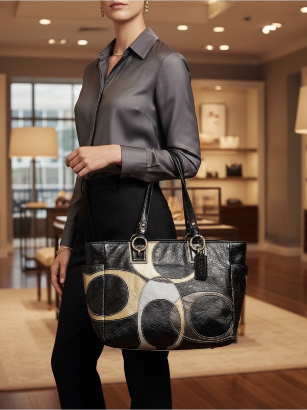 Coach Signature Patchwork Tote + Matching Wallet Set | Leather | Brown Neutral - Picture 2 of 5